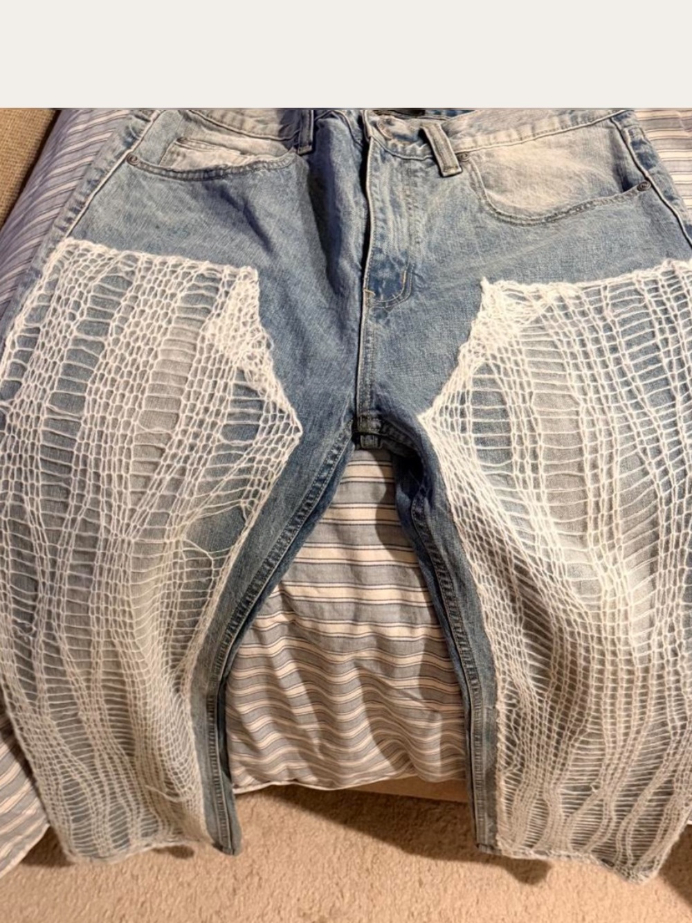 NWOT - Light Blue Boyfriend Jeans with White Crochet Panels